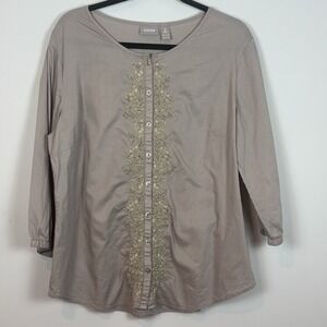 Chicos Tan Button Embroidered Beaded 3/4 Sleeve 100% Cotton Top Women's 2 (L)